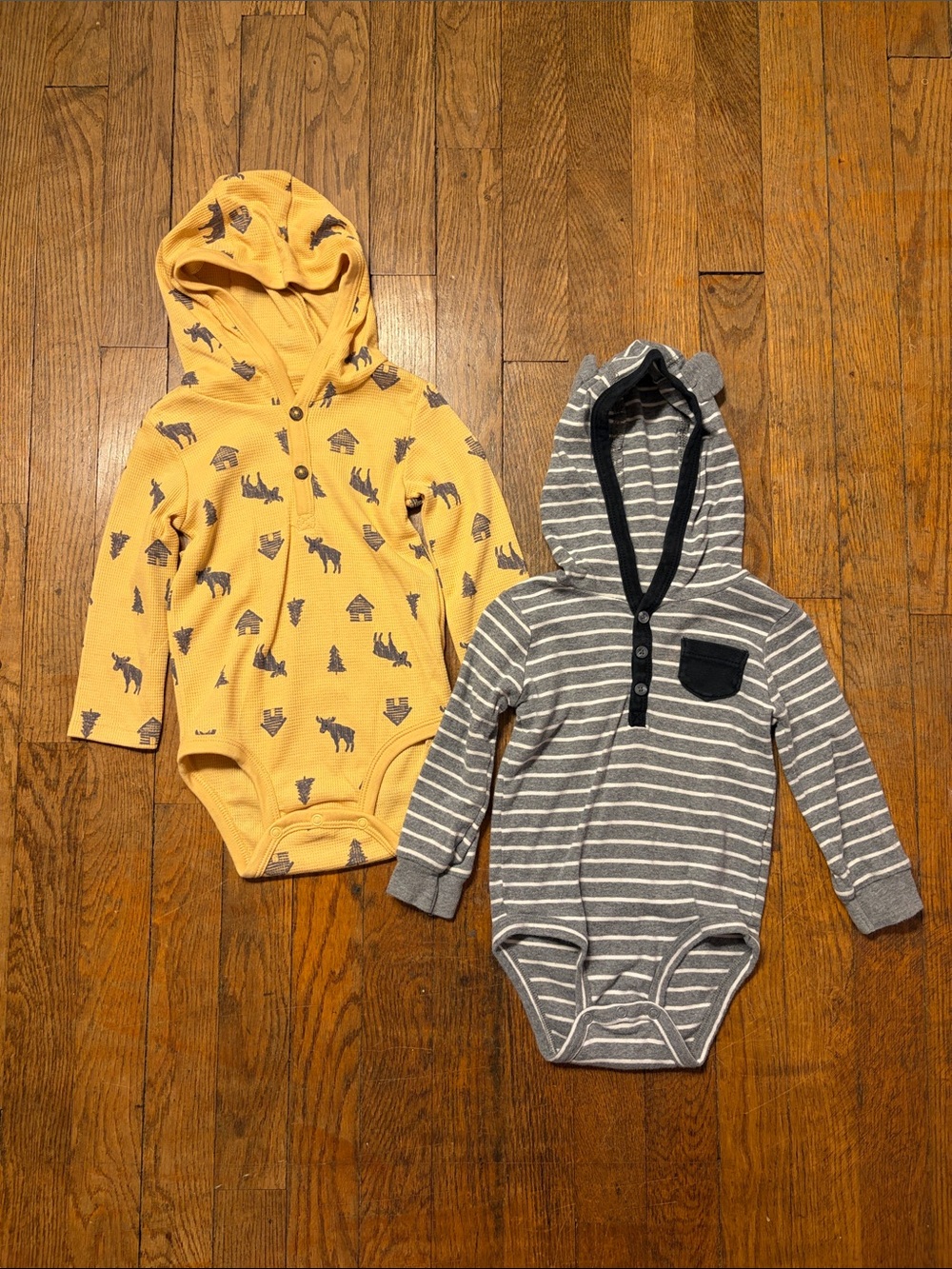 Carter's Yellow Moose Print and Gray Striped Hooded One-Piece Bodysuits